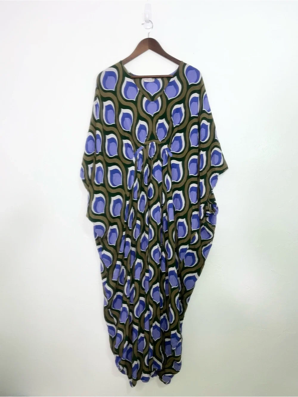 Free People Groovy Baby Maxi Kaftan Dress Olive Periwinkle Retro Mod 70s Boho